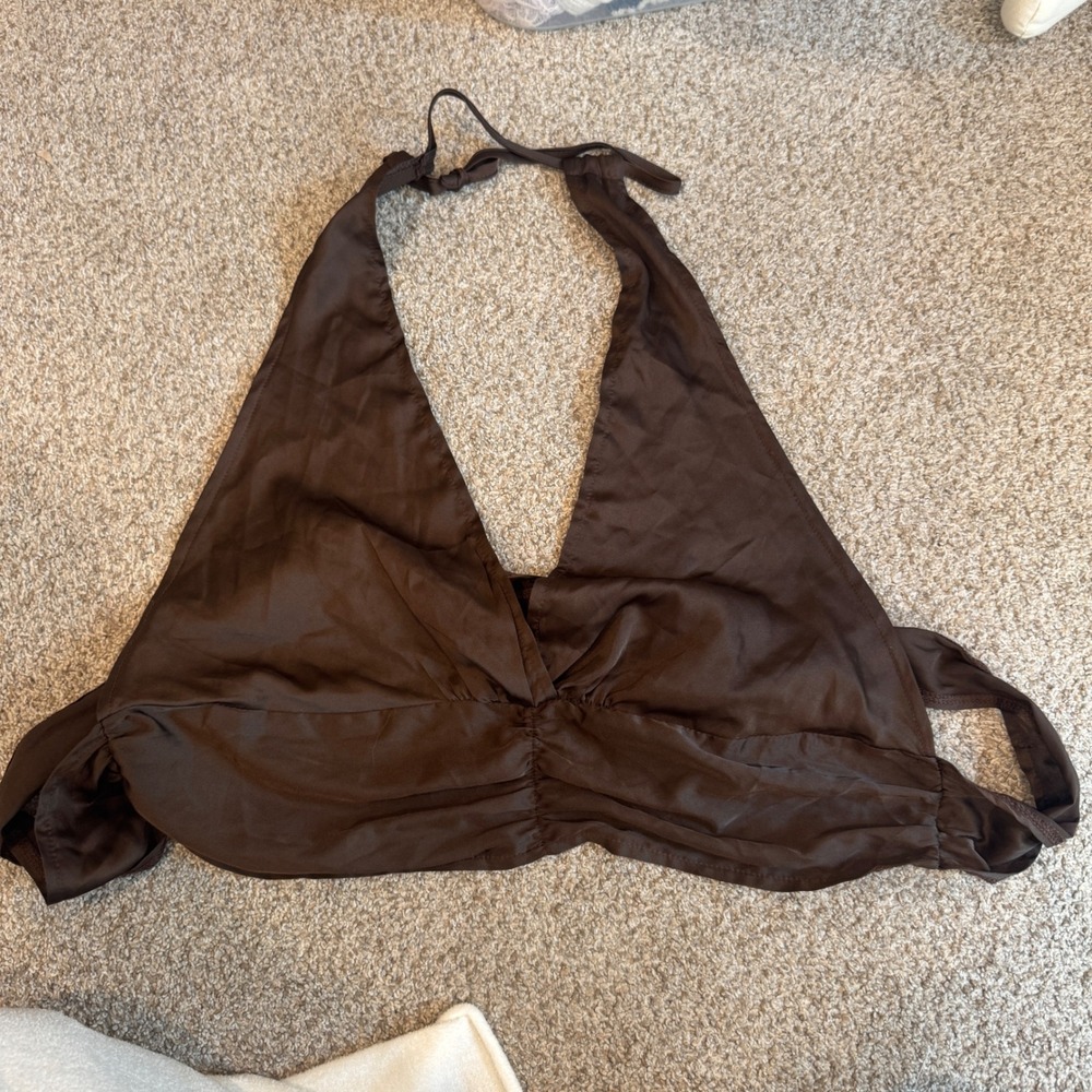 Peppermayo Chocolate Brown Satin Halter Neck Ruched Crop Top US 6 AU 10